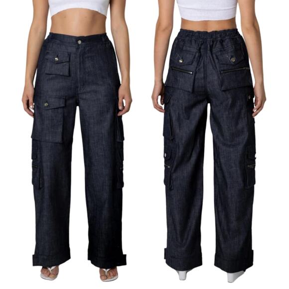 EB DENIM Cargo Denim Pants Rinse Dark Wash High Rise Ten Pocket Jeans NEW XS - Picture 1 of 9